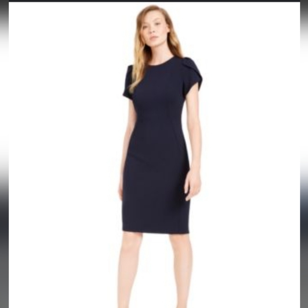 Calvin Klein Navy Blue Tulip Cap Sleeve Classic Demure Cocktail Sheath Dress 14